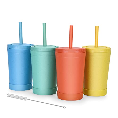 【Set of 4】Reusable Wheat Straw Cups with Lid and Straws, 10 Oz Chip Resistant Cups -Dishwasher Safe E-Co Friendly Small Water Cups with Silicone Straws for Milk, Drinks, Smoothies -4 Colors