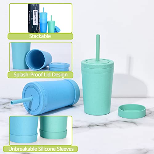 【Set of 4】Reusable Wheat Straw Cups with Lid and Straws, 10 Oz Chip Resistant Cups -Dishwasher Safe E-Co Friendly Small Water Cups with Silicone Straws for Milk, Drinks, Smoothies -4 Colors