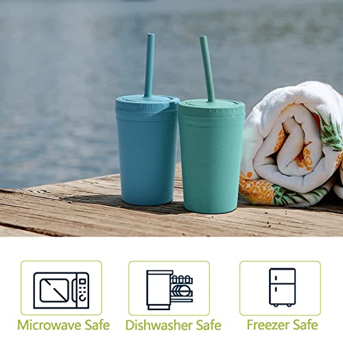 【Set of 4】Reusable Wheat Straw Cups with Lid and Straws, 10 Oz Chip Resistant Cups -Dishwasher Safe E-Co Friendly Small Water Cups with Silicone Straws for Milk, Drinks, Smoothies -4 Colors