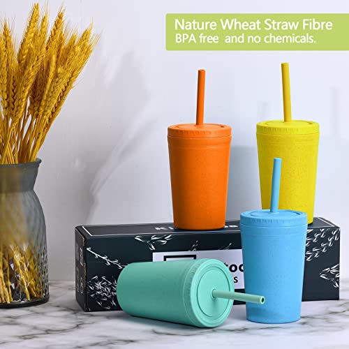 【Set of 4】Reusable Wheat Straw Cups with Lid and Straws, 10 Oz Chip Resistant Cups -Dishwasher Safe E-Co Friendly Small Water Cups with Silicone Straws for Milk, Drinks, Smoothies -4 Colors