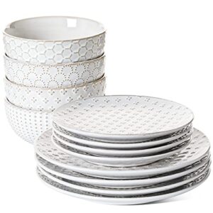 le tauci dinnerware sets 12 piece, ceramic plates and bowls set, house warming wedding gift, serve for 4 (10" dinner plates + 8" salad dish + 22 oz cereal bowl) x 4, dishwasher safe - arctic white
