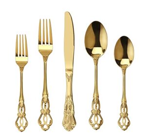 runfly gorgeous retro royal gold stainless steel 20 pieces flatware set, golden silverware set, anti-rust stainless steel gold cutlery set utensils including fork spoon and knife