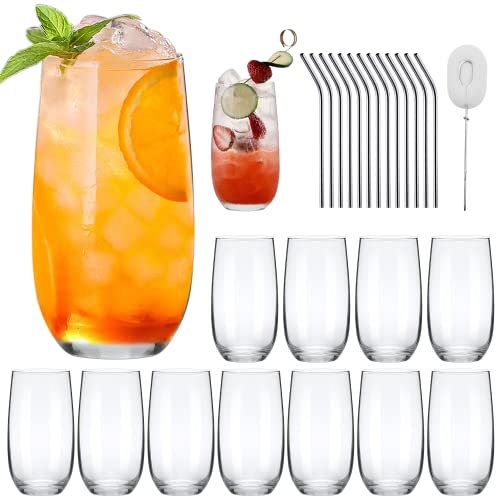 QAPPDA Drinking Glasses Set of 12,16 OZ Highball Glasses with Straws,Clear Tall Water Glasses Premium Cocktail Glasses Beverage Cups Mojito Glassware for Juice,Mixed Drinks