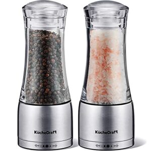 salt and pepper grinder set - kuchecraft intuitive salt grinder & pepper grinder refillable - stainless steel manual salt and pepper mill with aroma sealable cap - up to 5 preset grind sizes