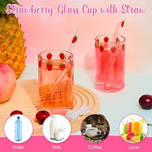 2 Sets Strawberry Cups Strawberry Glass Cup with Straw Lovely Glass Tumbler Strawberry Cup Clear Cute Tumbler with Straw Strawberry Pattern Glasses Bottle for Juice Water Milk Coffee Tea (Lovely)