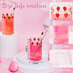 2 Sets Strawberry Cups Strawberry Glass Cup with Straw Lovely Glass Tumbler Strawberry Cup Clear Cute Tumbler with Straw Strawberry Pattern Glasses Bottle for Juice Water Milk Coffee Tea (Lovely)