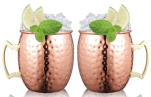 moscow mule mugs | large size 19 ounces | set of 2 hammered cups | stainless steel lining | pure copper plating | gold brass handles | christmas gift set
