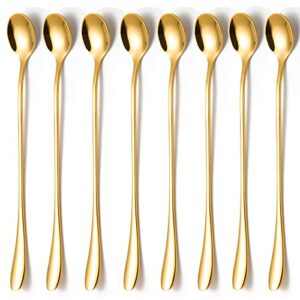gold ice teaspoons set of 8 pieces, 7.7 inch long handle spoon, stainless steel coffee spoons, cocktail mixing spoons, mirror polished bar spoon