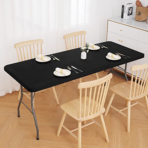 smiry Rectangle Tablecloth, Elastic Fitted Flannel Backed Vinyl Tablecloths for 6ft Folding Tables, Waterproof Wipeable Table Covers for Indoor, Outdoor, Picnic and Camping (Black, 30"x72")