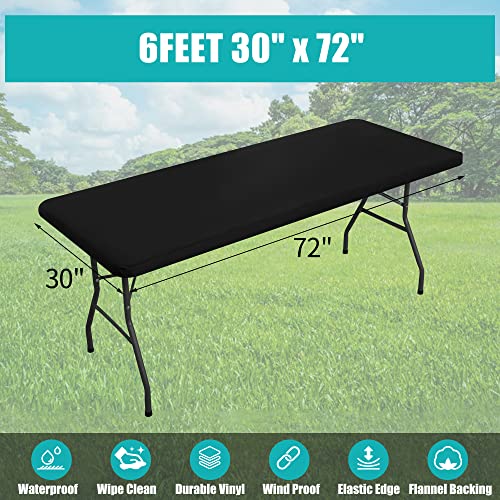 smiry Rectangle Tablecloth, Elastic Fitted Flannel Backed Vinyl Tablecloths for 6ft Folding Tables, Waterproof Wipeable Table Covers for Indoor, Outdoor, Picnic and Camping (Black, 30"x72")