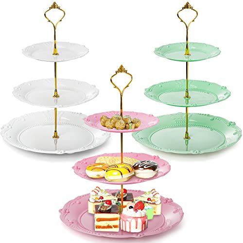 Fasmov 3 Pack 3 Tier Plastic Cupcake Stand, Dessert Plates Cake Fruit Candy Display Tower Reusable Pastry Platter for Wedding Birthday Baby Shower Tea Party Decorations - White, Pink Green