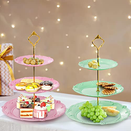 Fasmov 3 Pack 3 Tier Plastic Cupcake Stand, Dessert Plates Cake Fruit Candy Display Tower Reusable Pastry Platter for Wedding Birthday Baby Shower Tea Party Decorations - White, Pink Green