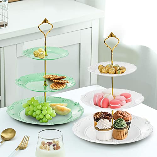 Fasmov 3 Pack 3 Tier Plastic Cupcake Stand, Dessert Plates Cake Fruit Candy Display Tower Reusable Pastry Platter for Wedding Birthday Baby Shower Tea Party Decorations - White, Pink Green