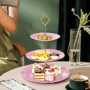 Fasmov 3 Pack 3 Tier Plastic Cupcake Stand, Dessert Plates Cake Fruit Candy Display Tower Reusable Pastry Platter for Wedding Birthday Baby Shower Tea Party Decorations - White, Pink Green