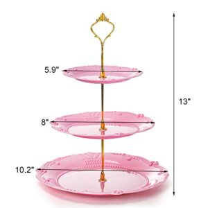 Fasmov 3 Pack 3 Tier Plastic Cupcake Stand, Dessert Plates Cake Fruit Candy Display Tower Reusable Pastry Platter for Wedding Birthday Baby Shower Tea Party Decorations - White, Pink Green