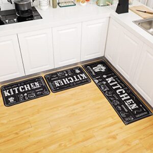 3 Pcs Kitchen Rug Set Non Skid Thick Black Kitchen Rugs and Mats Stain Resistant Anti Fatigue Mats for Kitchen Microfiber Floor Non Slip Backing Mat, 15.7" x 47.2", 15.7" x 23.6" (Kitchen Style)