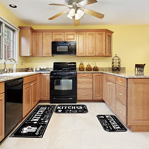 3 Pcs Kitchen Rug Set Non Skid Thick Black Kitchen Rugs and Mats Stain Resistant Anti Fatigue Mats for Kitchen Microfiber Floor Non Slip Backing Mat, 15.7" x 47.2", 15.7" x 23.6" (Kitchen Style)