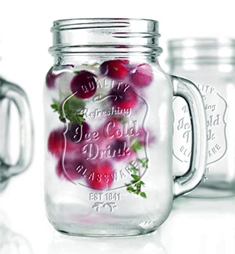 Glaver's Drinking Jars – Set of 6 Mason Jar Cups – 16 Oz Glasses with Handle, Ice-Cold Drinkware Logo – Jars are Ideal for Cold Beverages, Cocktails, Shakes, Sodas, Juice.