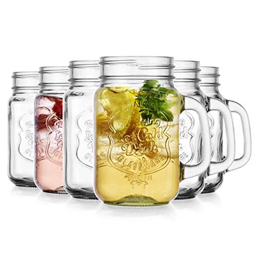 Glaver's Drinking Jars – Set of 6 Mason Jar Cups – 16 Oz Glasses with Handle, Ice-Cold Drinkware Logo – Jars are Ideal for Cold Beverages, Cocktails, Shakes, Sodas, Juice.