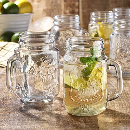 Glaver's Drinking Jars – Set of 6 Mason Jar Cups – 16 Oz Glasses with Handle, Ice-Cold Drinkware Logo – Jars are Ideal for Cold Beverages, Cocktails, Shakes, Sodas, Juice.