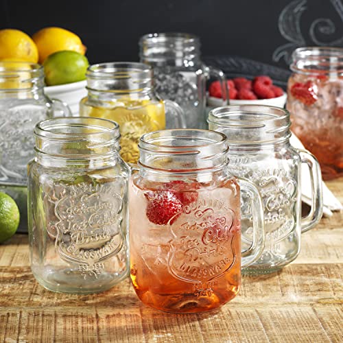 Glaver's Drinking Jars – Set of 6 Mason Jar Cups – 16 Oz Glasses with Handle, Ice-Cold Drinkware Logo – Jars are Ideal for Cold Beverages, Cocktails, Shakes, Sodas, Juice.