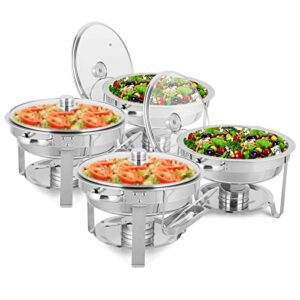 rovsun 5qt 4 pack chafing dish buffet set, stainless steel round chafers for catering, buffet servers and warmers set with glass lid & lid holder, thick stand frame for wedding party banquet event