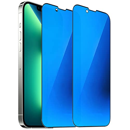 2 PCS Anti-Blue Privacy Tempered Glass Mirror Anti-Spy Screen Protector Anti-Peeping Film Compatible with iPhone 14 Plus /iPhone 13 Pro Max, 6.7 inch Electroplated 9H Hardness Anti-scratch (Blue)