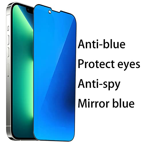 2 PCS Anti-Blue Privacy Tempered Glass Mirror Anti-Spy Screen Protector Anti-Peeping Film Compatible with iPhone 14 Plus /iPhone 13 Pro Max, 6.7 inch Electroplated 9H Hardness Anti-scratch (Blue)