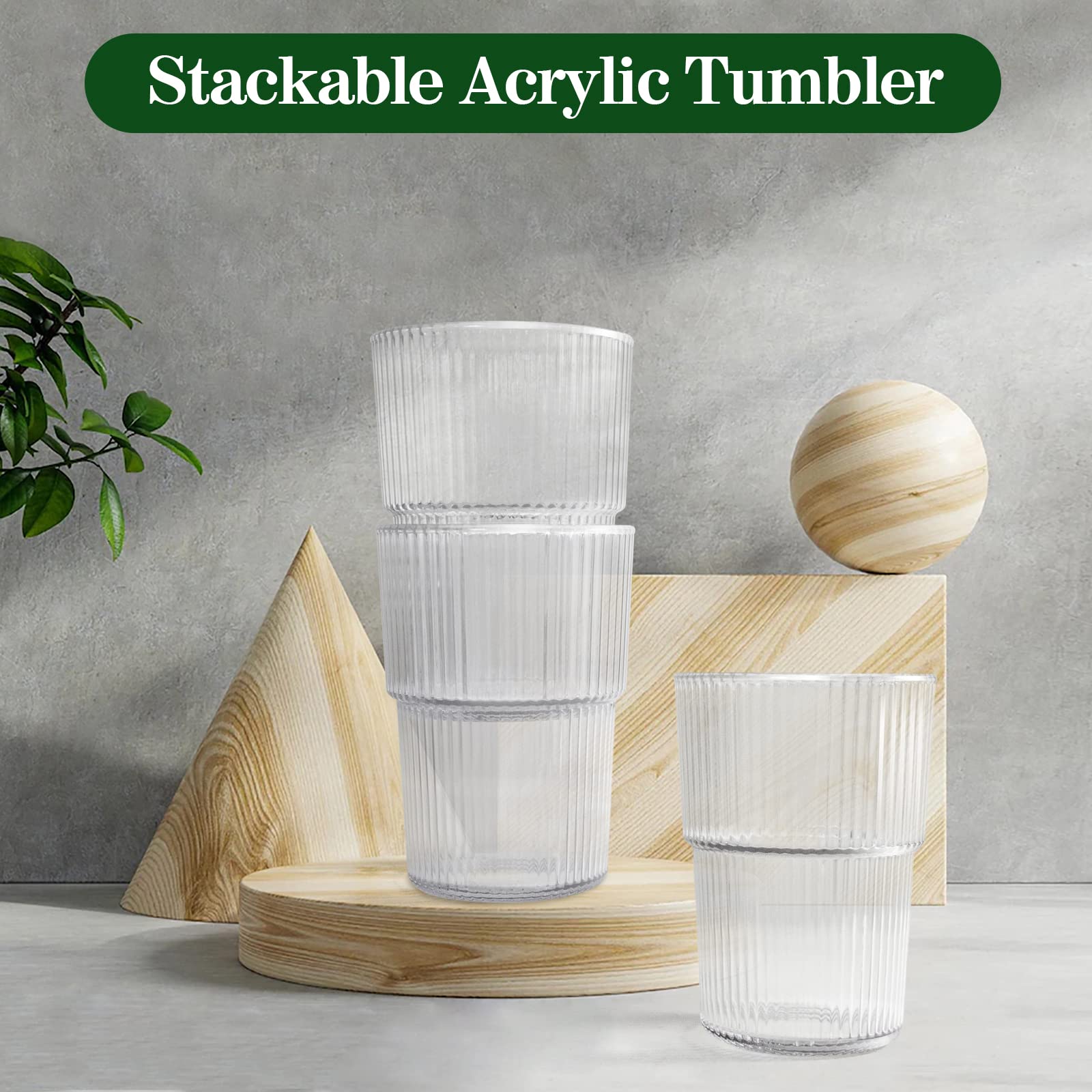 REALWAY Plastic Tumblers, Unbreakable Ribbed Glasses,17OZ Origami Style Drinking Cup, Reusable Plastic Glasses Drinking Dishwasher Safe, Clear Acrylic Cups -Stackable- for Kitchen Poolside, Set of 8