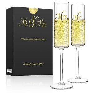 mr and mrs champagne flutes with long stem,bride and groom toasting glass,elegant 7oz square wine glasses set of 2, bridal shower unique gift for wedding, anniversary, engagement gifts for couples