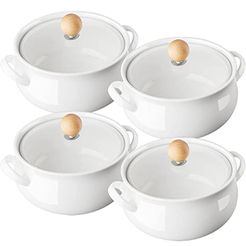 ALELION Small French Onion Soup Bowls, 18 OZ Soup Crocks with Double Handles and Glass Lids, Oven Safe Soup Bowls for Stew Chili Cheese Pot Pie Casseroles, Housewarming Gifts, Set of 4, White