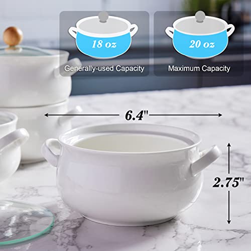 ALELION Small French Onion Soup Bowls, 18 OZ Soup Crocks with Double Handles and Glass Lids, Oven Safe Soup Bowls for Stew Chili Cheese Pot Pie Casseroles, Housewarming Gifts, Set of 4, White