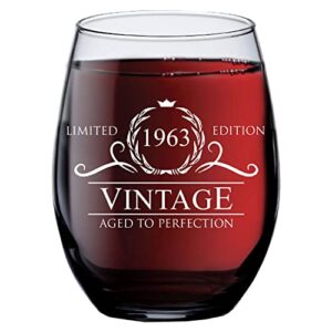 60th birthday gifts for women men - 1963 15 oz vintage style stemless wine glass - birthday glasses drinking gifts - 60th birthday decorations for women - retirement gifts for 60 year old woman man