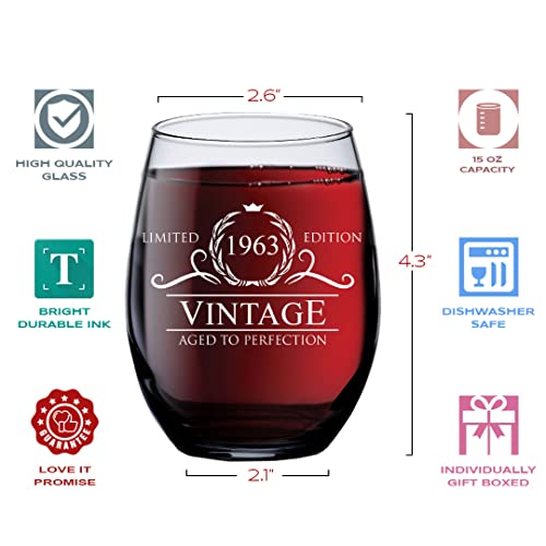 60th Birthday Gifts for Women Men - 1963 15 oz Vintage Style Stemless Wine Glass - Birthday Glasses Drinking Gifts - 60th Birthday Decorations for Women - Retirement Gifts for 60 Year Old Woman Man