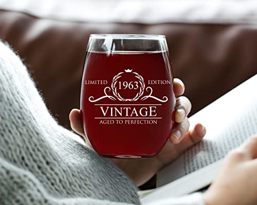 60th Birthday Gifts for Women Men - 1963 15 oz Vintage Style Stemless Wine Glass - Birthday Glasses Drinking Gifts - 60th Birthday Decorations for Women - Retirement Gifts for 60 Year Old Woman Man