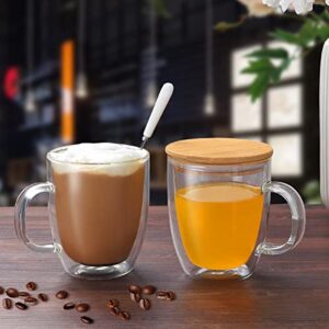 Wwyybfk Double Wall Glass Coffee Mugs, 16oz Insulated Glass Espresso Mugs Cups with Handle Lid (Set of 2) for Cappuccino, Latte,Tea (455ml)