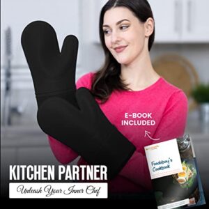 Foodobay Silicone Oven Mitts - 12.5” Jet Black Oven Mitts Heat Resistant 500F - Grippy Design,Soft Lining Silicone Oven Gloves - Oven Mits Set for Cooking Baking Kitchen Mittens Pot Holders Set of 2