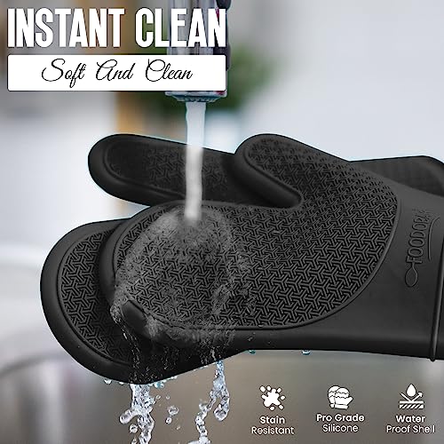 Foodobay Silicone Oven Mitts - 12.5” Jet Black Oven Mitts Heat Resistant 500F - Grippy Design,Soft Lining Silicone Oven Gloves - Oven Mits Set for Cooking Baking Kitchen Mittens Pot Holders Set of 2