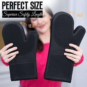 Foodobay Silicone Oven Mitts - 12.5” Jet Black Oven Mitts Heat Resistant 500F - Grippy Design,Soft Lining Silicone Oven Gloves - Oven Mits Set for Cooking Baking Kitchen Mittens Pot Holders Set of 2