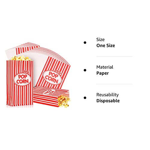 Paper Popcorn Bags 2 oz Disposable Individual Servings Popcorn Container Flat Bottom Vintage Popcorn Bags for Popcorn Machine Movie Night Party Theaters Carnivals, Red and White Striped (300 Pieces)