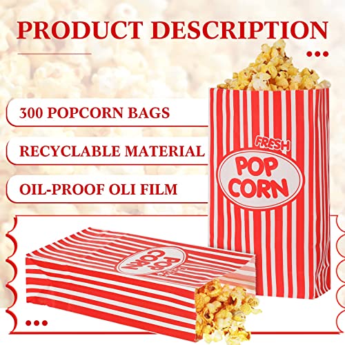 Paper Popcorn Bags 2 oz Disposable Individual Servings Popcorn Container Flat Bottom Vintage Popcorn Bags for Popcorn Machine Movie Night Party Theaters Carnivals, Red and White Striped (300 Pieces)
