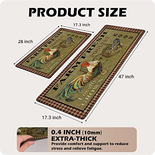 Rooster Kitchen Rugs 2/5 Inch Thick Cushioned Anti Fatigue Kitchen Floor Mat,Set 2 Farmhouse Buffalo Plaid Non Slip Floor Runner Rug Comfort Mat Carpet for Laundry Office,17.3" x 28" + 17.3" x 47"