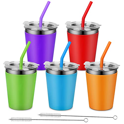 Rommeka Kids Tumblers with Lids and Straws, 5 Pack Upgrade 12oz Stainless Steel Unbreakable Toddler Cups Spill Proof with Colorful Sleeve, Reusable Drinking Cup for Adults and Children