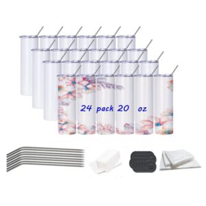 case of 24pk stainless steel sublimation tumblers straight skinny blank mugs with lids and straw +rubber mat (20oz)