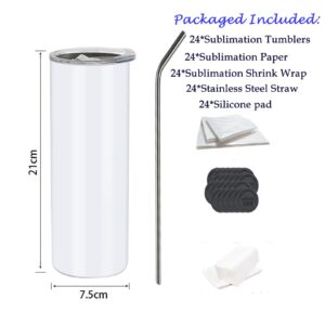 Case of 24pk Stainless Steel Sublimation Tumblers Straight Skinny Blank Mugs With Lids And Straw +Rubber mat (20oz)