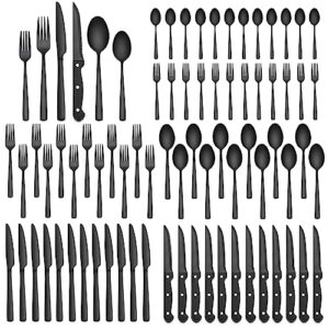 48-piece black silverware set with steak knives, black flatware set for 8, food-grade stainless steel tableware cutlery set, utensil sets kitchen cutlery for home office restaurant hotel