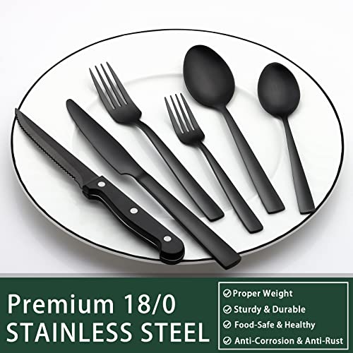 48-Piece Black Silverware Set with Steak Knives, Black Flatware Set for 8, Food-Grade Stainless Steel Tableware Cutlery Set, Utensil Sets Kitchen Cutlery for Home Office Restaurant Hotel