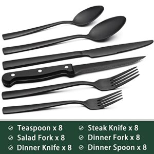 48-Piece Black Silverware Set with Steak Knives, Black Flatware Set for 8, Food-Grade Stainless Steel Tableware Cutlery Set, Utensil Sets Kitchen Cutlery for Home Office Restaurant Hotel