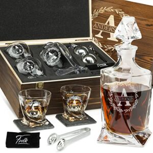 personalized whiskey decanter and stones set - customized gift for him - men, dad, father - engraved twisted whiskey decanter, 2 xl glasses, 2 xl balls, 2 coasters, tongs, pouch in wooden gift box