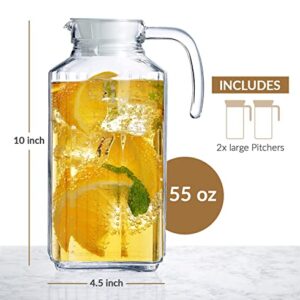 Glass Pitcher with Lid – Set of 2 Glass Water Pitcher 55Oz – Cold Carafe for Ice Tea, Water, Lemonade, Coffee – Elegant and Modern – Practical Spout Pitchers for Drinks